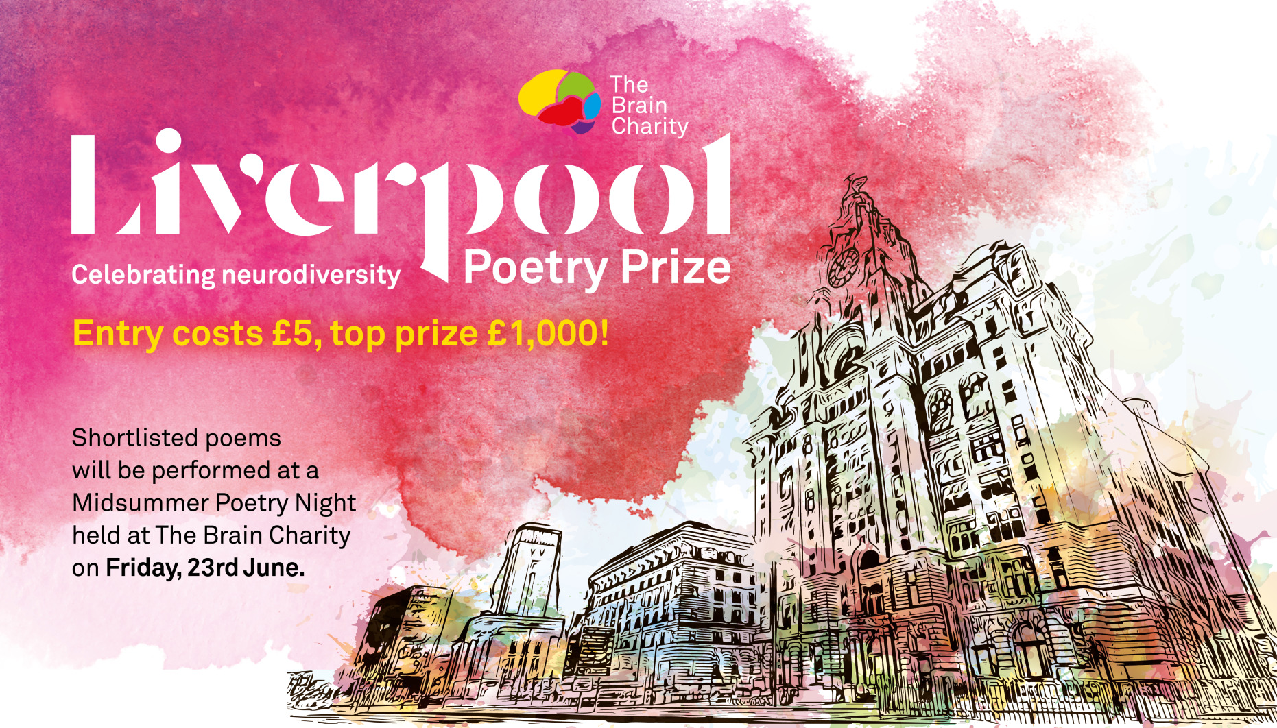 A line drawing of the Liver Building with colourful painted clouds. Liverpool Poetry Prize celebrating neurodiversity