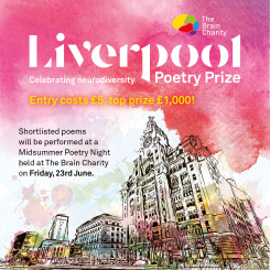 Liverpool poetry prize ticket - a line drawing of the Liver Building with colourful painted clouds. Liverpool Poetry Prize celebrating neurodiversity