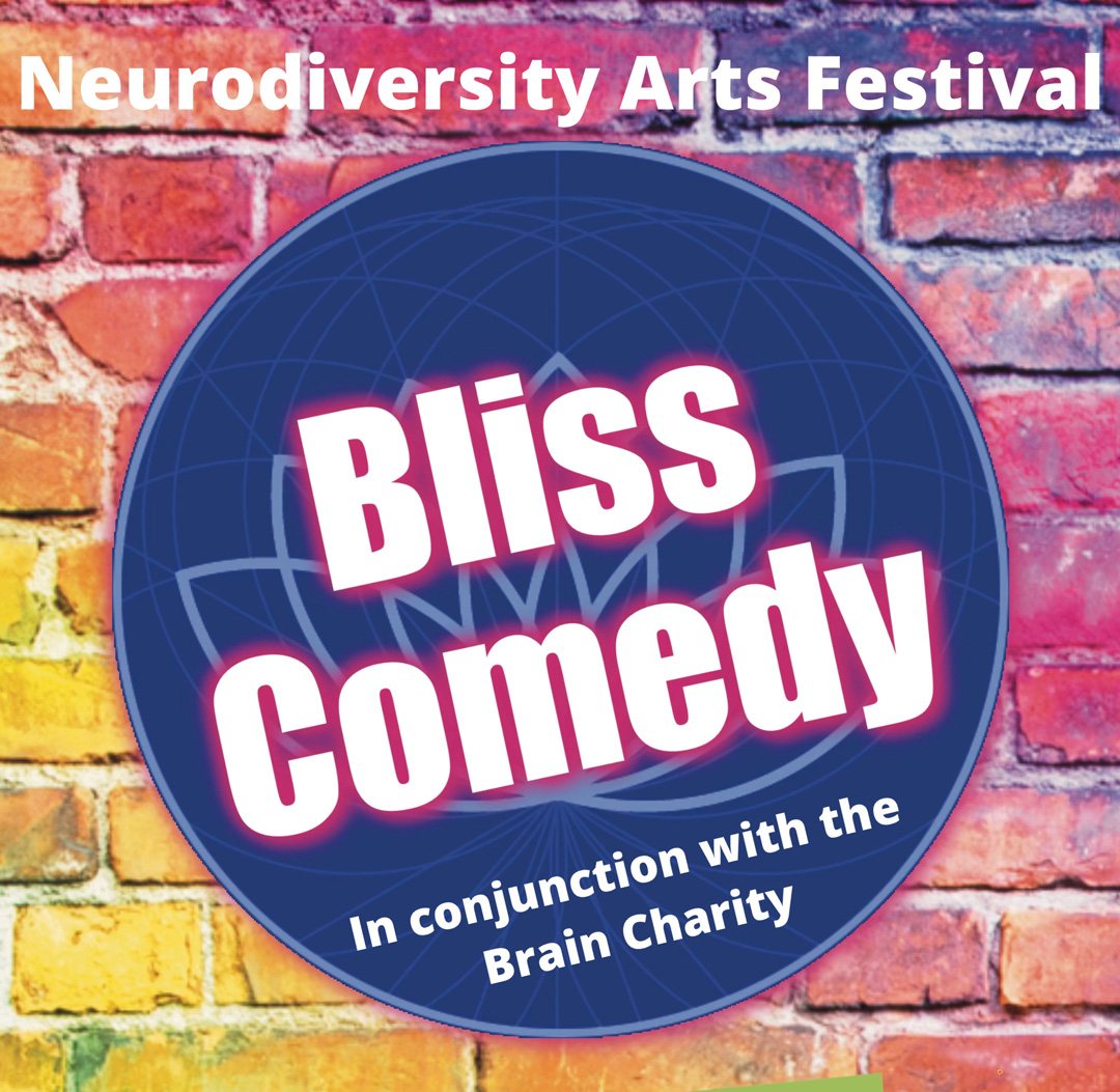 Bliss comedy logo on a colourful brick wall
