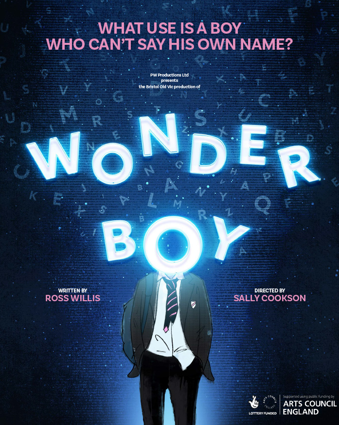 A boy with the words Wonder boy in illuminated text. The letter o of boy replaces his head. His shirt is untucked and he has his hands in his pockets
