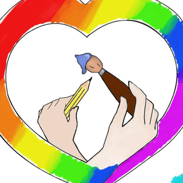 A multi coloured heart with hands holding a pencil and a paintbrust