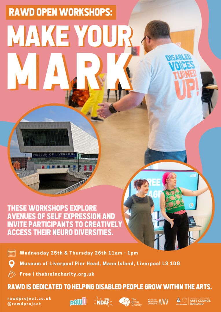 Make Your Mark publicity flyer - collage with pictures of people enjoying taking part in the workshops and a photo of the exterior of World Museum Liverpool