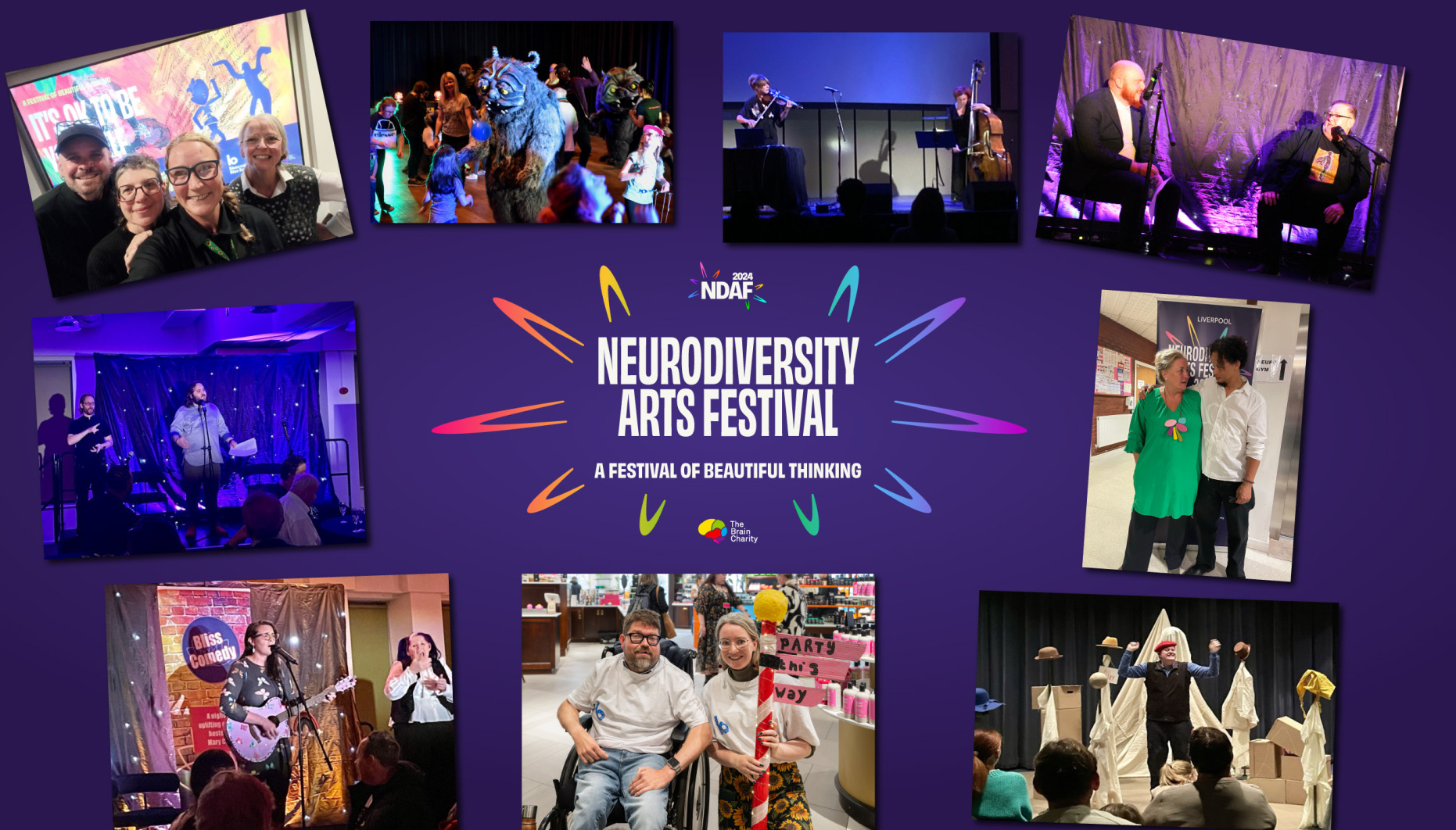 The Neurodiversity Arts Festival logo, surrounded by pictures from individual events