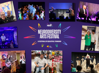 The Neurodiversity Arts Festival logo, surrounded by pictures from individual events