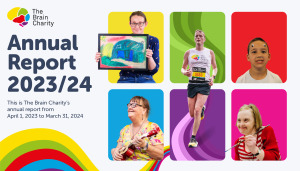 Front cover of The Brain Charity's annual report 2023 -24. There's a block of colourful rectangels with cut out images of service users and fundraisers