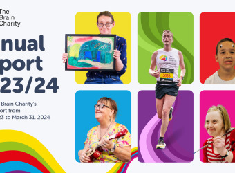 Front cover of The Brain Charity's annual report 2023 -24. There's a block of colourful rectangels with cut out images of service users and fundraisers