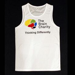 White running top with The Brain Charity logo and the words thinking diifferently