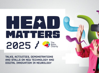 Woman wearing a VR headset and the words Head Matters 2025 Talks, activities, demonstrations and stalls on new technology and digital innovation in neurology