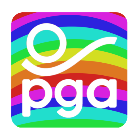 Logo of Payroll Giving in Action. A rainbow coloured background with a stylised hand offering a coin above the letters p g a