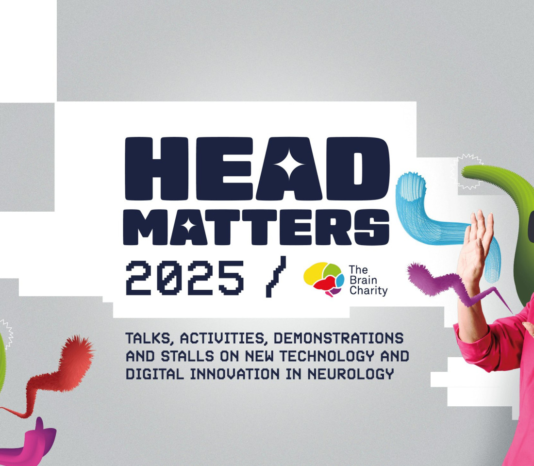 Woman wearing a VR headset and the words Head Matters 2025 Talks, activities, demonstrations and stalls on new technology and digital innovation in neurology