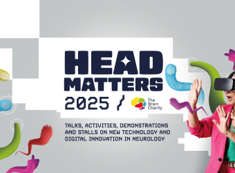 Woman wearing a VR headset and the words Head Matters 2025 Talks, activities, demonstrations and stalls on new technology and digital innovation in neurology