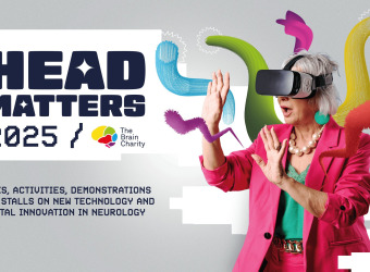 Woman wearing a VR headset and the words Head Matters 2025 Talks, activities, demonstrations and stalls on new technology and digital innovation in neurology